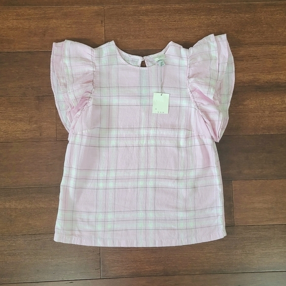 A New Day Pink Plaid Ruffle Sleeve Linen Blend Top Size XS Lightweight Spring - Picture 8 of 8